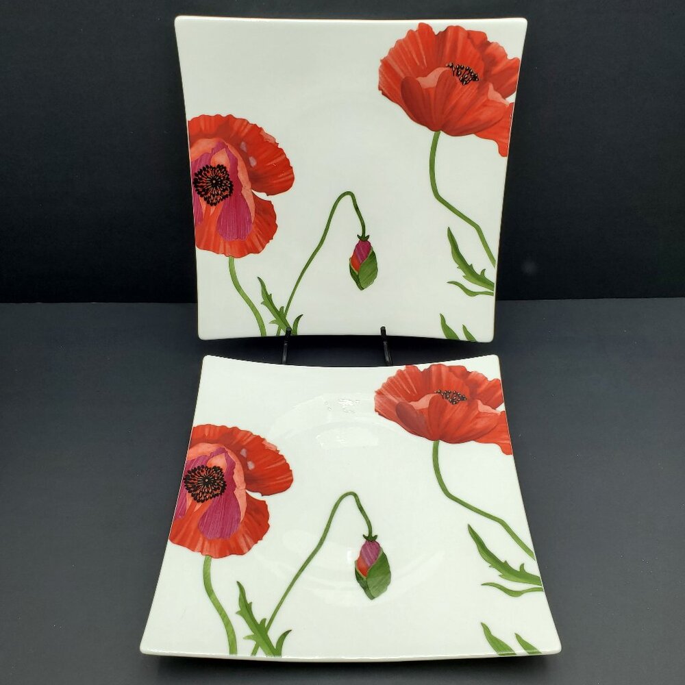 Red Vanilla Summer Sun Dinner Plates Red Poppies Bone China Floral Square Plates